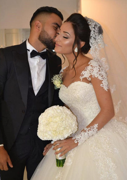 Illusion Bateau Lace Tulle Ball Gown Wedding Dress Beaded - 