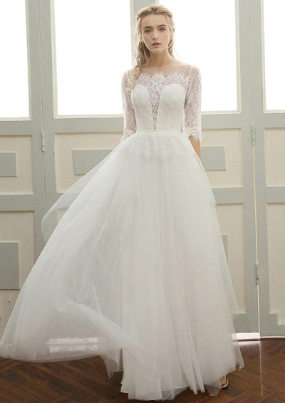 Illusion Half Sleeve Lace Tulle Long Wedding Dress Buttons -