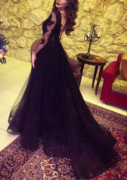 Scalloped Neck Sheer Long Sleeve V Back Black Tulle Split 