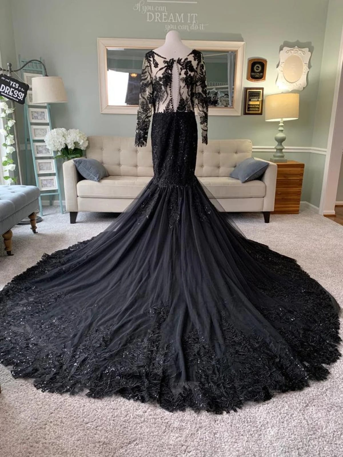 Illusion Long Sleeve Lace Tulle Trumpet Black Wedding Dress, Sequins Illusion Long Sleeve Lace Tulle Trumpet Black Wedding Dress, Sequins
