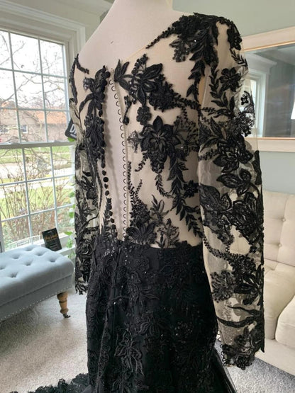 Illusion Long Sleeve Lace Tulle Trumpet Black Wedding Dress