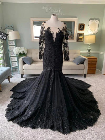 Illusion Long Sleeve Lace Tulle Trumpet Black Wedding Dress