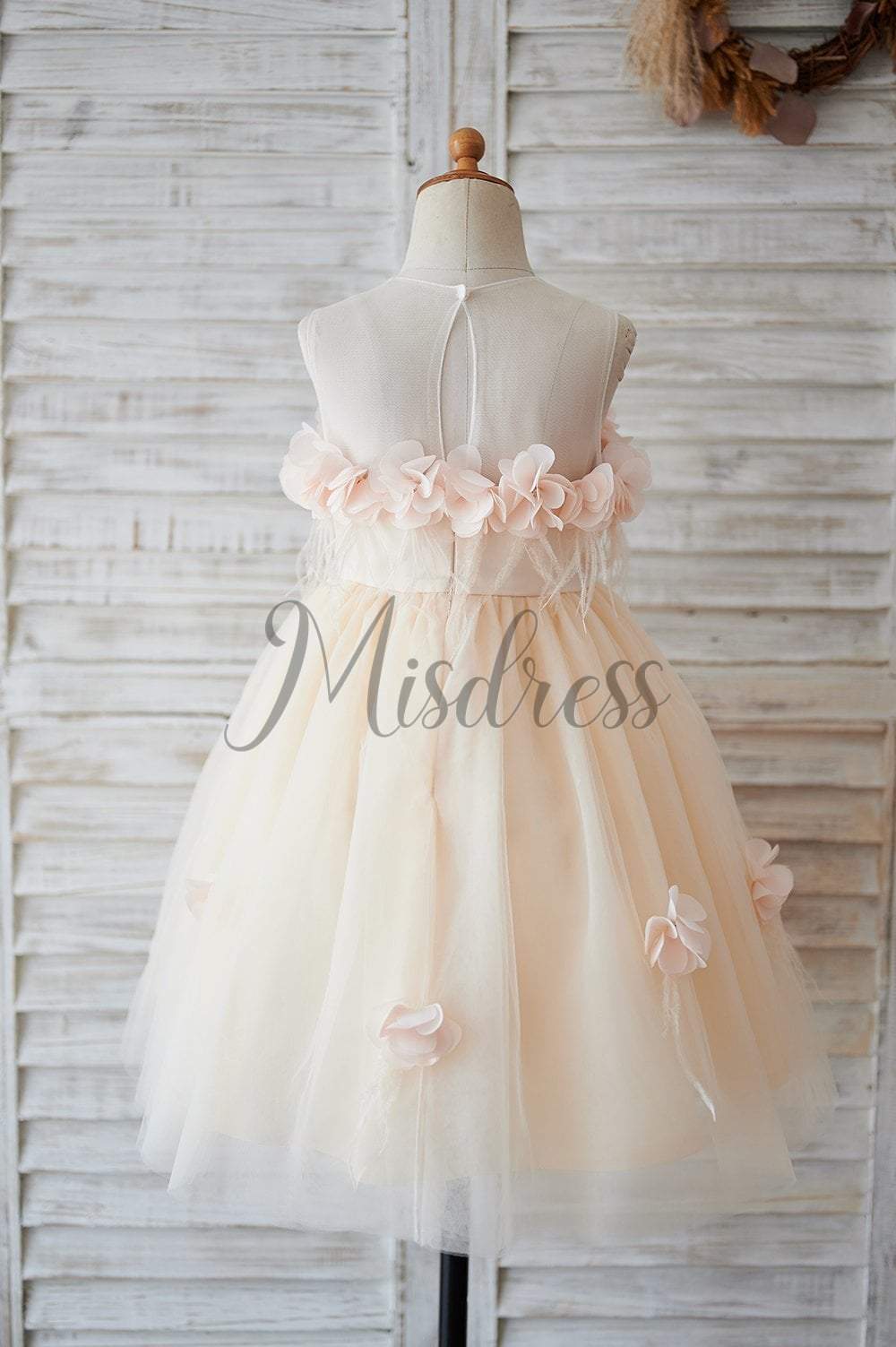 Illusion Champagne Tulle Feathers Wedding Party Flower Girl Dress - Flower Girl Dresses