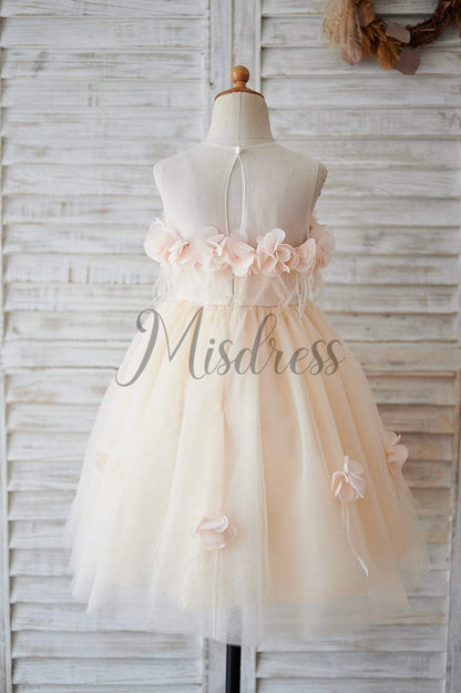 Illusion Champagne Tulle Feathers Wedding Party Flower Girl Dress - Flower Girl Dresses