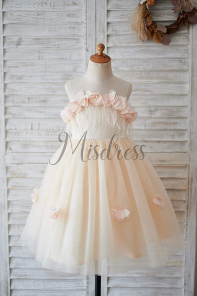 Illusion Champagne Tulle Feathers Wedding Party Flower Girl Dress - Flower Girl Dresses