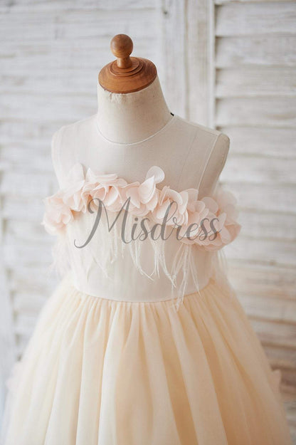 Illusion Champagne Tulle Feathers Wedding Party Flower Girl Dress - Flower Girl Dresses