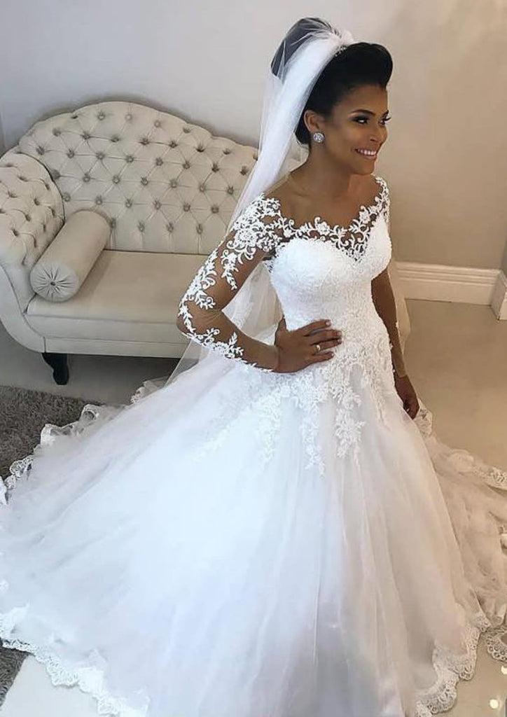 knee length dresses for ladies Elegant Sheer Long Sleeves Illusion Neck A-Line Wedding Gown – HAREM's  Brides