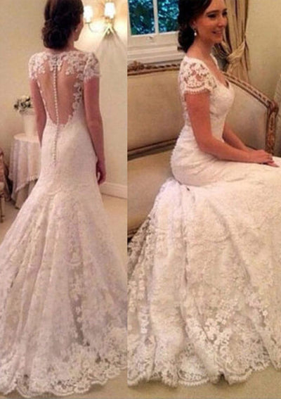 Illusion Short Sleeve Trumpet Court Lace Wedding Dress 