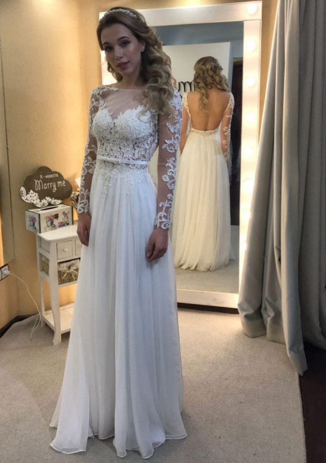 Illusion Sleeve Backless Bateau A-Line Chiffon Wedding Dress, Lace Illusion Sleeve Backless Bateau A-Line Chiffon Wedding Dress, Lace