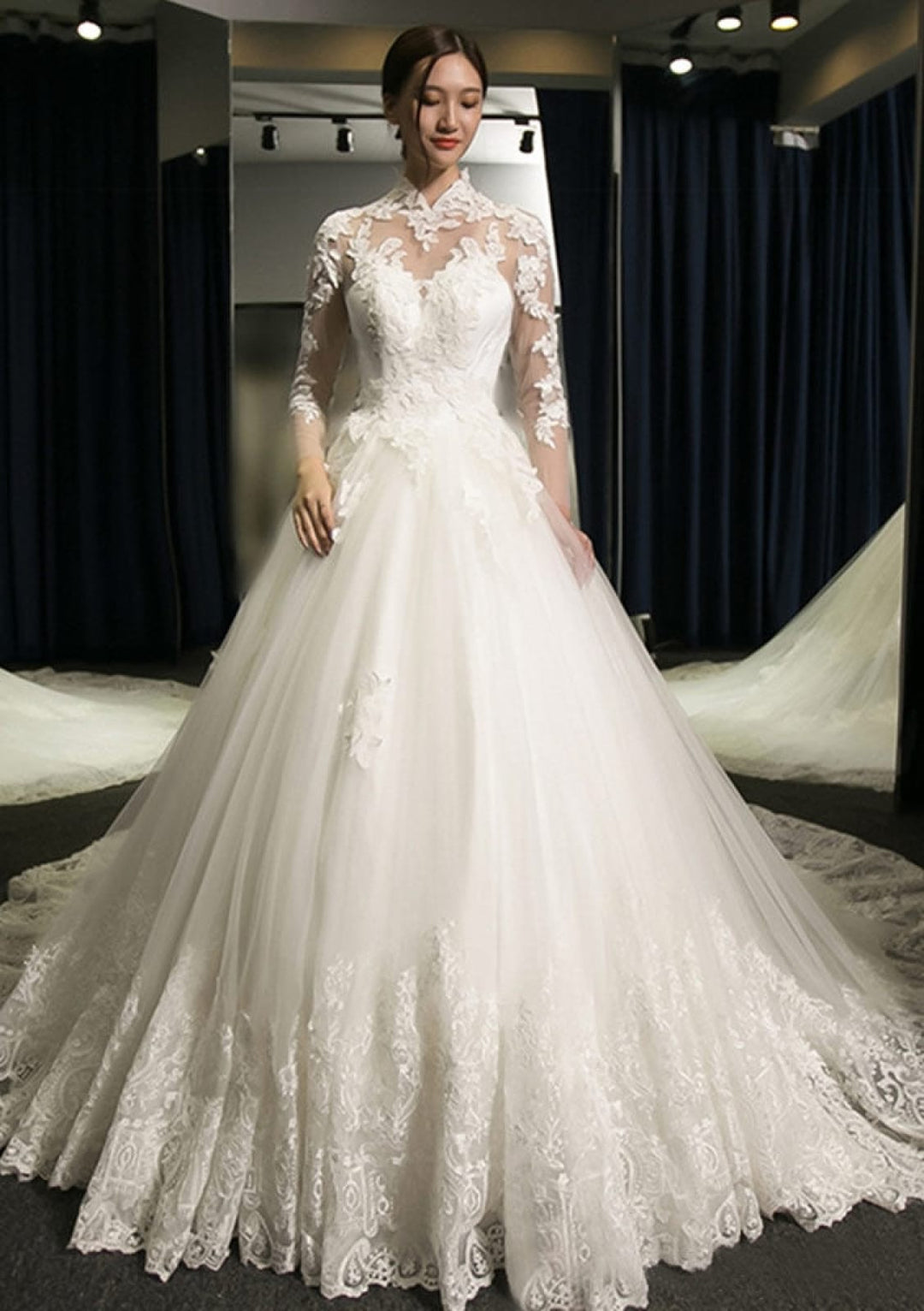 long sleeve cathedral wedding dress Illusion Sleeve Tulle Ball Gown High-Neck Cathedral Bridal Dress, Lace