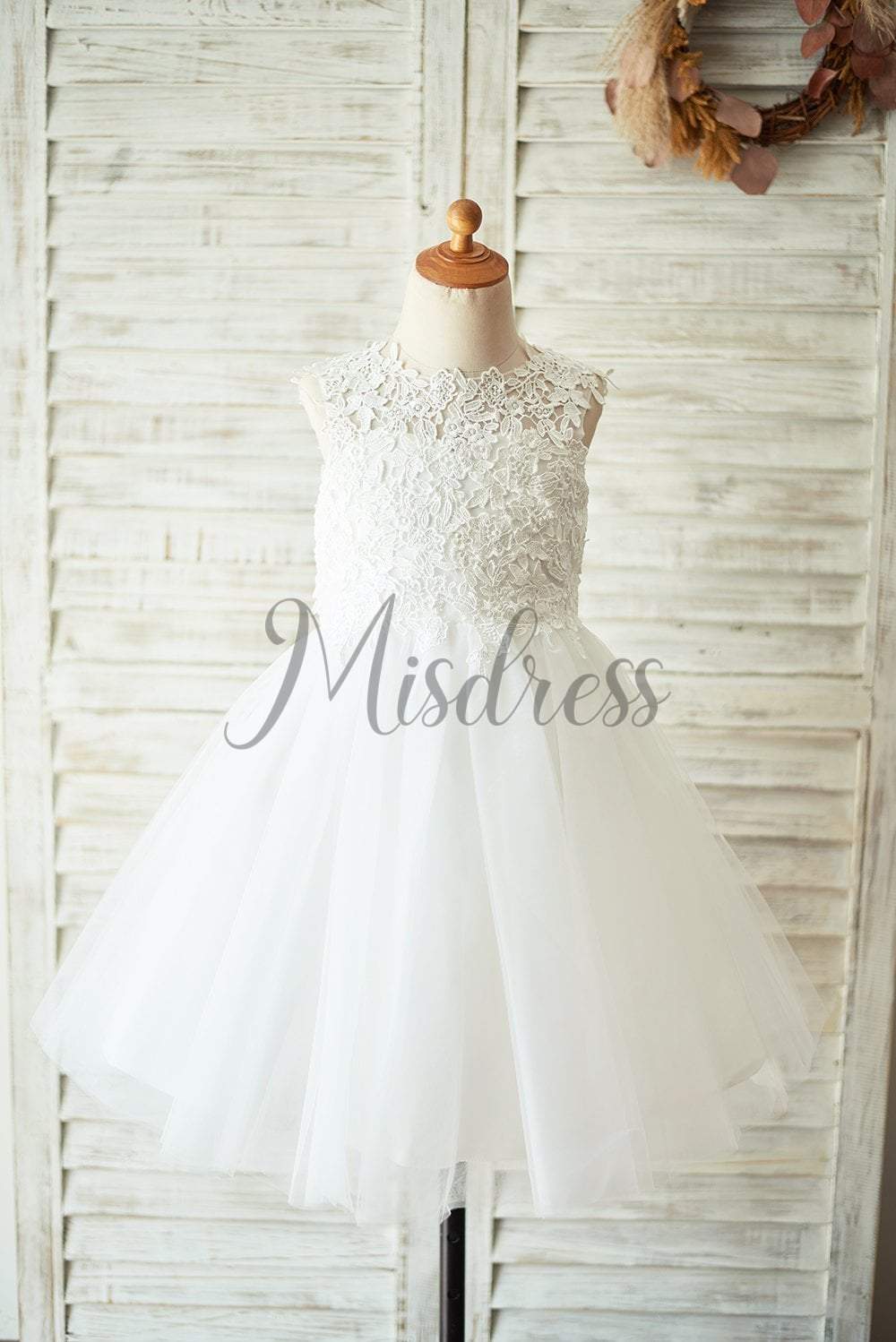 Ivory Lace Champagne Tulle Wedding Flower Girl Dress with Keyhole Back - 1T --- Chest = 20 inches/ Waist = 19 inches/ Hollow to knee = 20.5