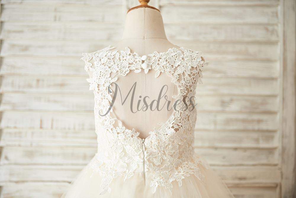 Ivory Lace Champagne Tulle Wedding Flower Girl Dress with Keyhole Back - Flower Girl Dresses