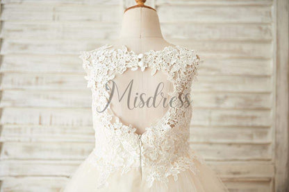 Ivory Lace Champagne Tulle Wedding Flower Girl Dress with Keyhole Back - Flower Girl Dresses