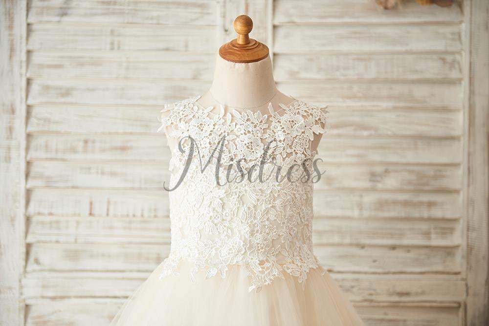 Ivory Lace Champagne Tulle Wedding Flower Girl Dress with Keyhole Back - Flower Girl Dresses