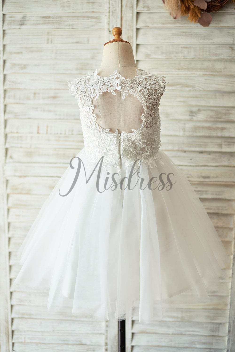 Ivory Lace Champagne Tulle Wedding Flower Girl Dress with Keyhole Back - Flower Girl Dresses