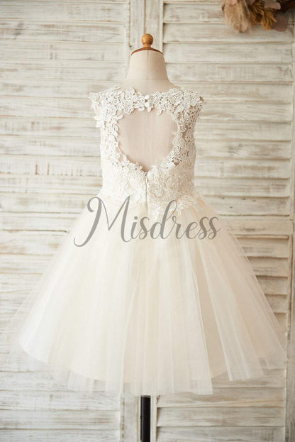 Ivory Lace Champagne Tulle Wedding Flower Girl Dress with Keyhole Back - Flower Girl Dresses
