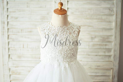 Ivory Lace Champagne Tulle Wedding Flower Girl Dress with Keyhole Back - Flower Girl Dresses