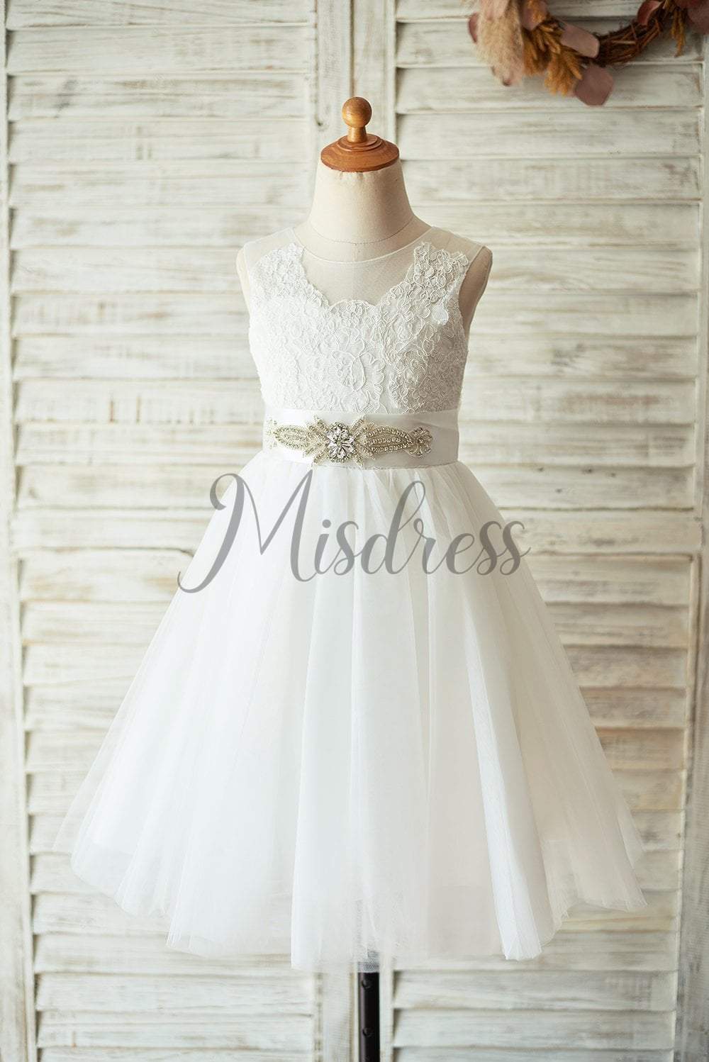 Champagne Lace Tulle Sheer Back Wedding Flower Girl Dress with Beaded Belt - 1T --- Chest = 20 inches/ Waist = 19 inches/ Hollow to knee =