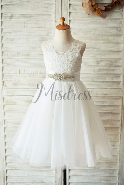 Champagne Lace Tulle Sheer Back Wedding Flower Girl Dress with Beaded Belt - 1T --- Chest = 20 inches/ Waist = 19 inches/ Hollow to knee =