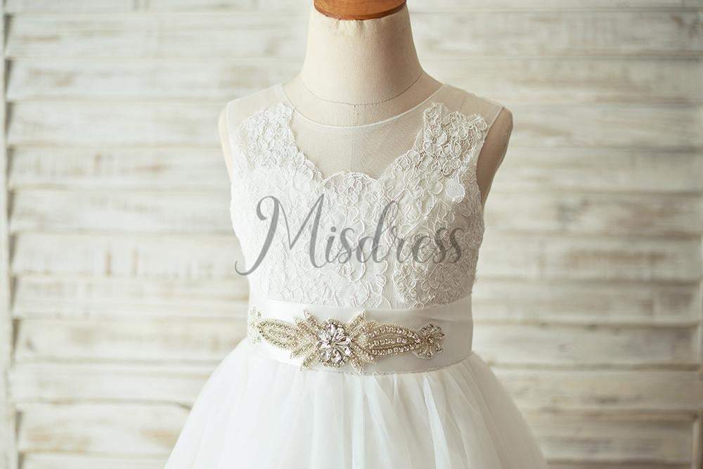 Champagne Lace Tulle Sheer Back Wedding Flower Girl Dress with Beaded Belt - Flower Girl Dresses