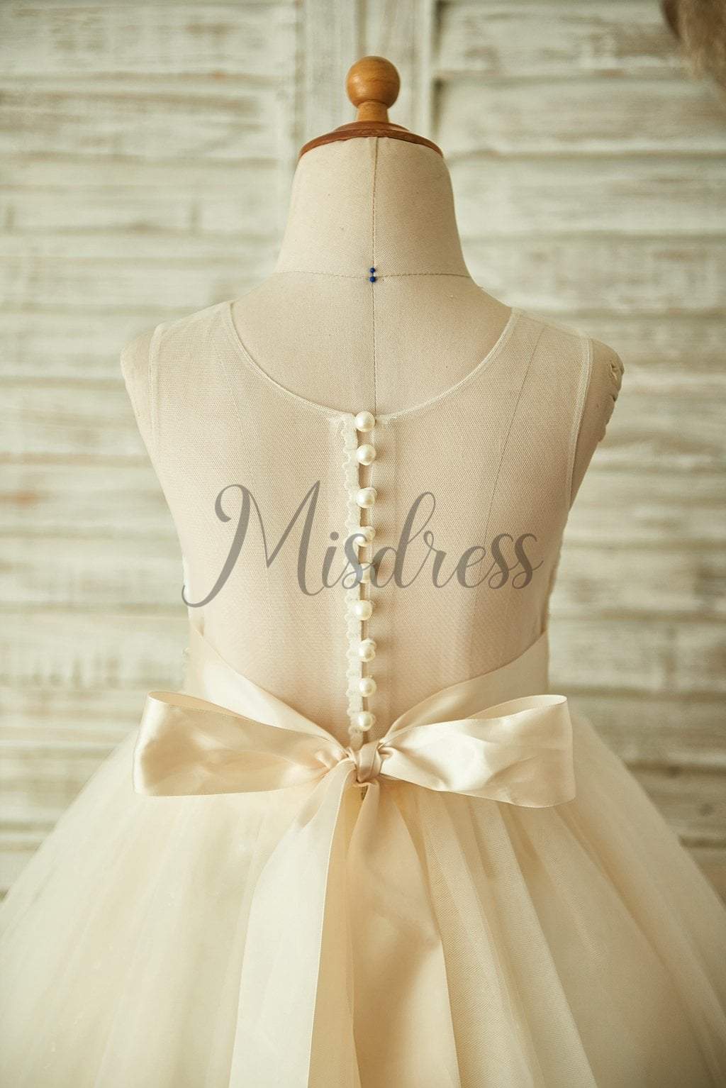 Champagne Lace Tulle Sheer Back Wedding Flower Girl Dress with Beaded Belt - Flower Girl Dresses