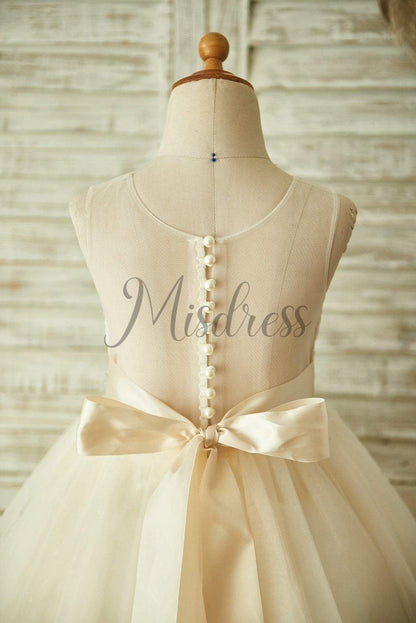 Champagne Lace Tulle Sheer Back Wedding Flower Girl Dress with Beaded Belt - Flower Girl Dresses