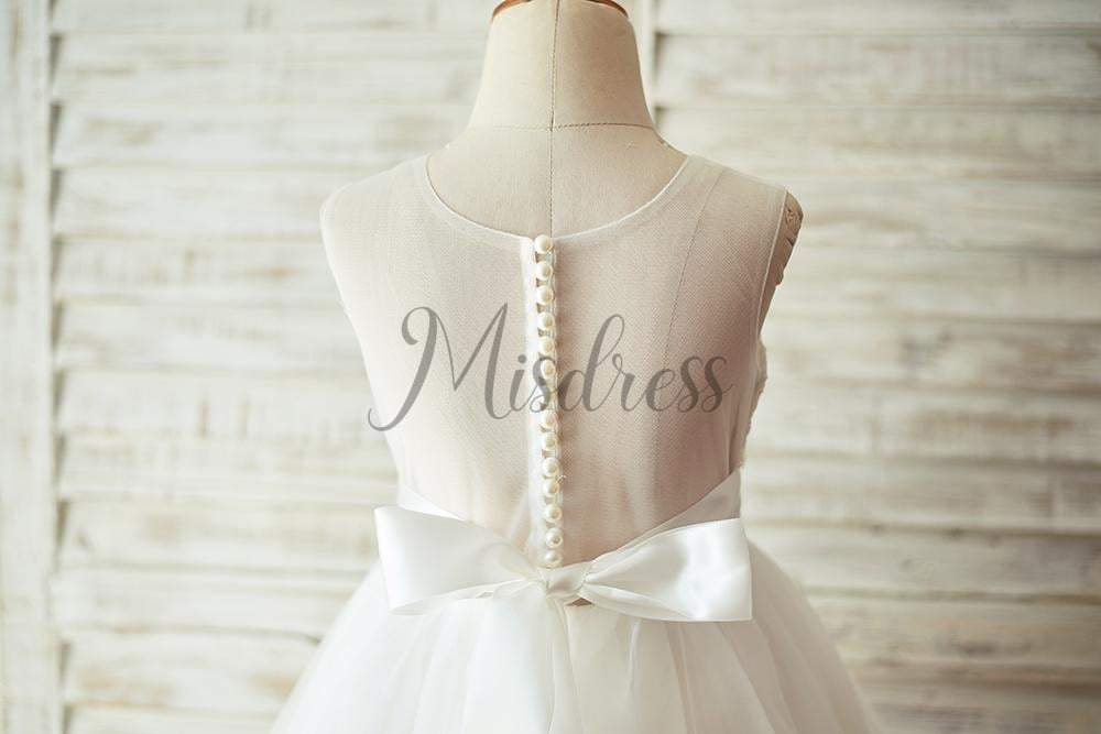 Champagne Lace Tulle Sheer Back Wedding Flower Girl Dress with Beaded Belt - Flower Girl Dresses