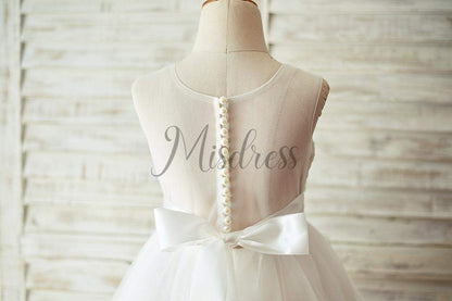Champagne Lace Tulle Sheer Back Wedding Flower Girl Dress with Beaded Belt - Flower Girl Dresses