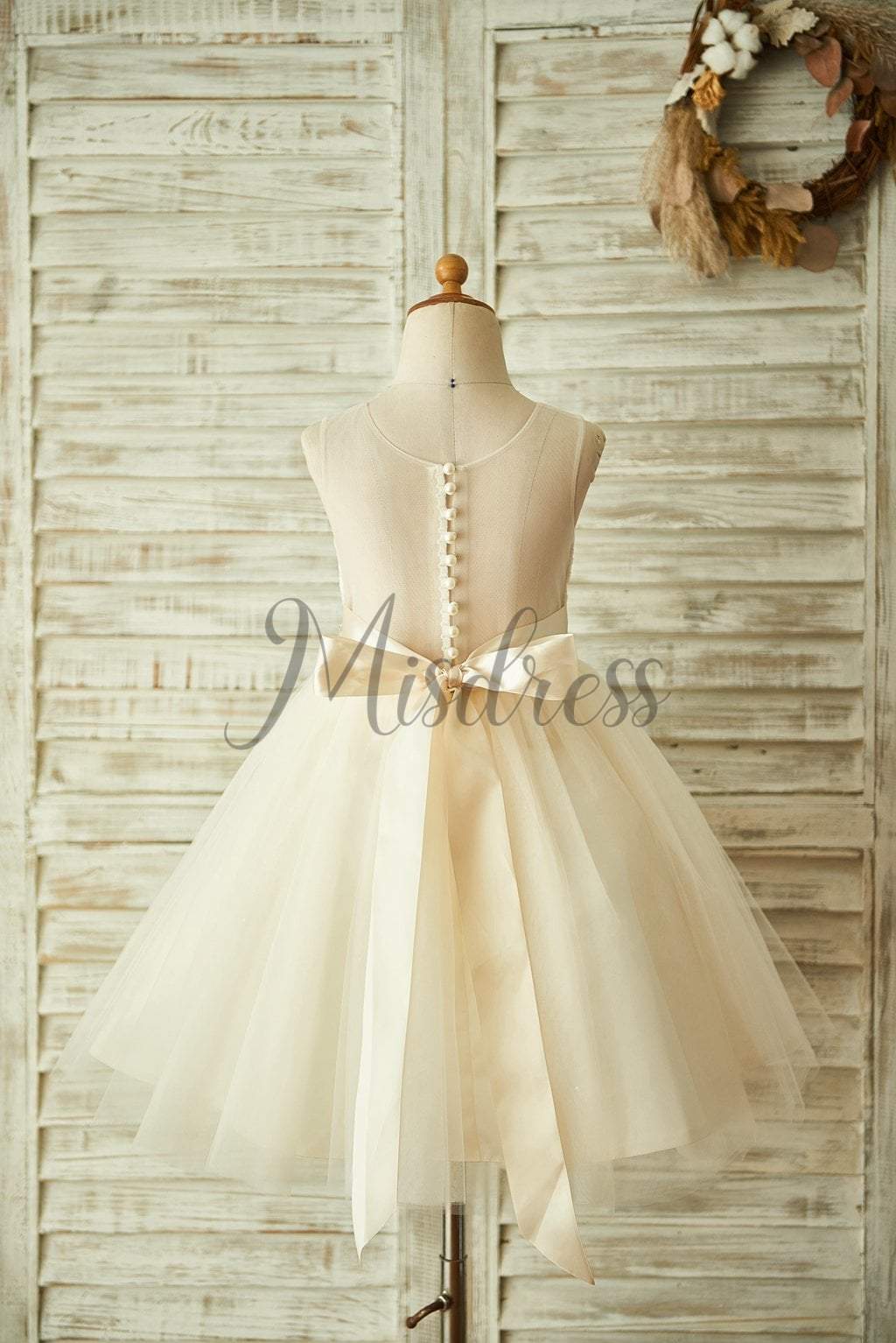 Champagne Lace Tulle Sheer Back Wedding Flower Girl Dress with Beaded Belt - Flower Girl Dresses