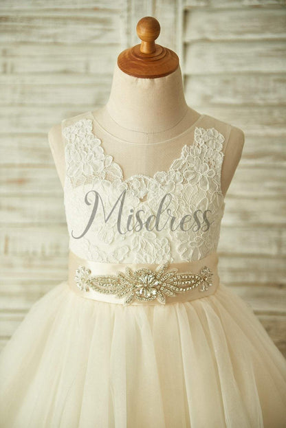 Champagne Lace Tulle Sheer Back Wedding Flower Girl Dress with Beaded Belt - Flower Girl Dresses