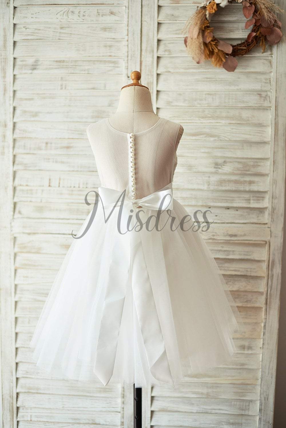 Champagne Lace Tulle Sheer Back Wedding Flower Girl Dress with Beaded Belt - Flower Girl Dresses