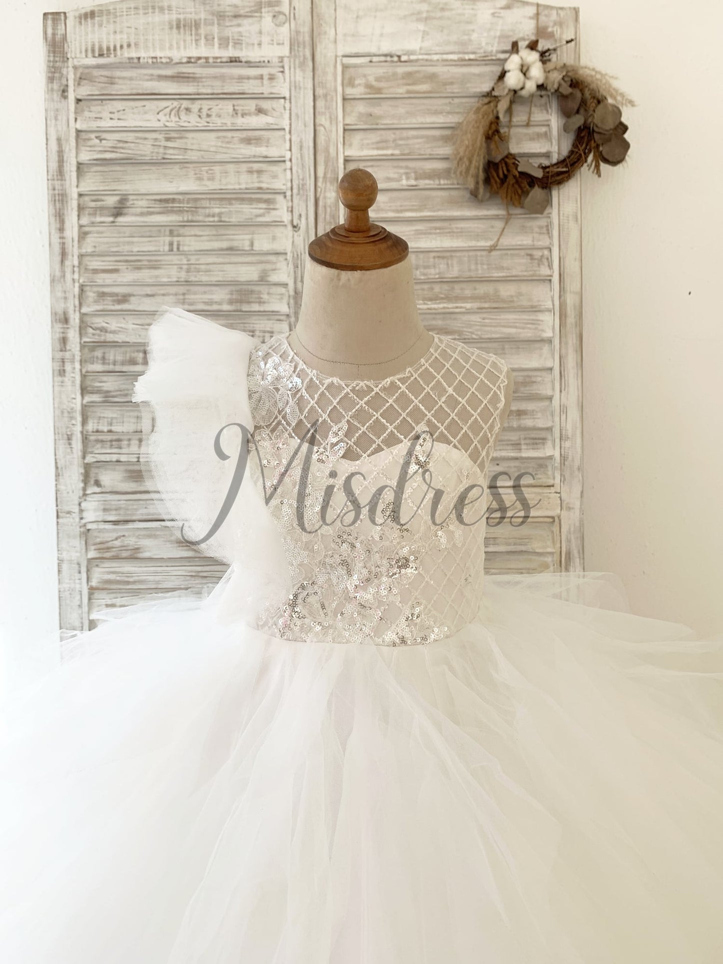 Ivory Check Tulle Ruffle Sleeves Wedding Party Flower Girl Dress Kids Birthday Dress