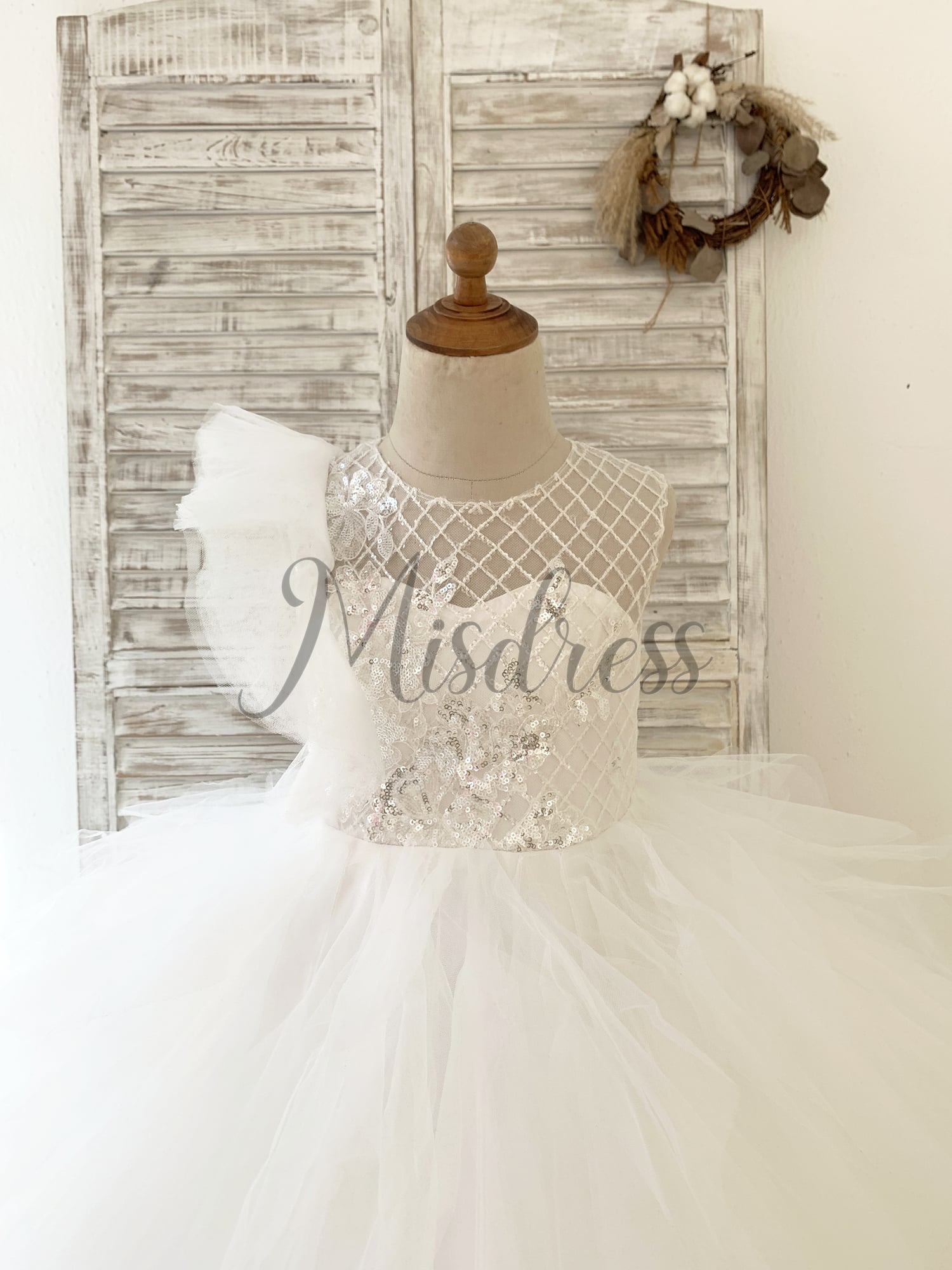 Ivory Check Tulle Ruffle Sleeves Wedding Party Flower Girl Dress Kids Birthday Dress