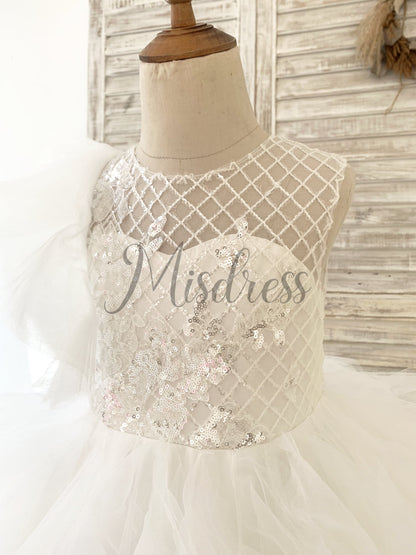 Ivory Check Tulle Ruffle Sleeves Wedding Party Flower Girl Dress Kids Birthday Dress