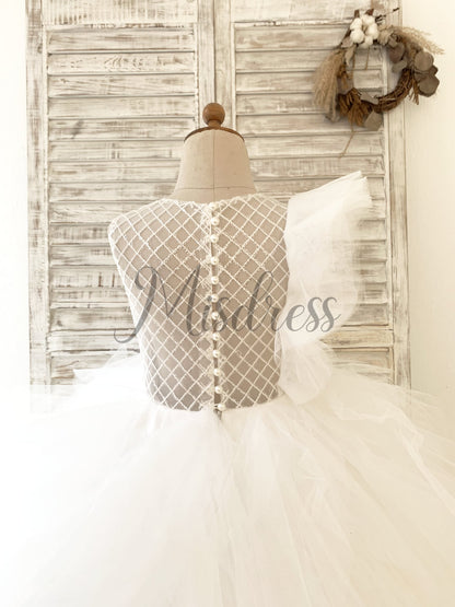 Ivory Check Tulle Ruffle Sleeves Wedding Party Flower Girl Dress Kids Birthday Dress