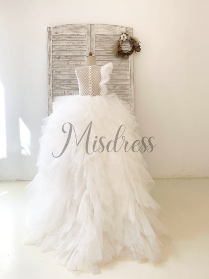 Ivory Check Tulle Ruffle Sleeves Wedding Party Flower Girl Dress Kids Birthday Dress