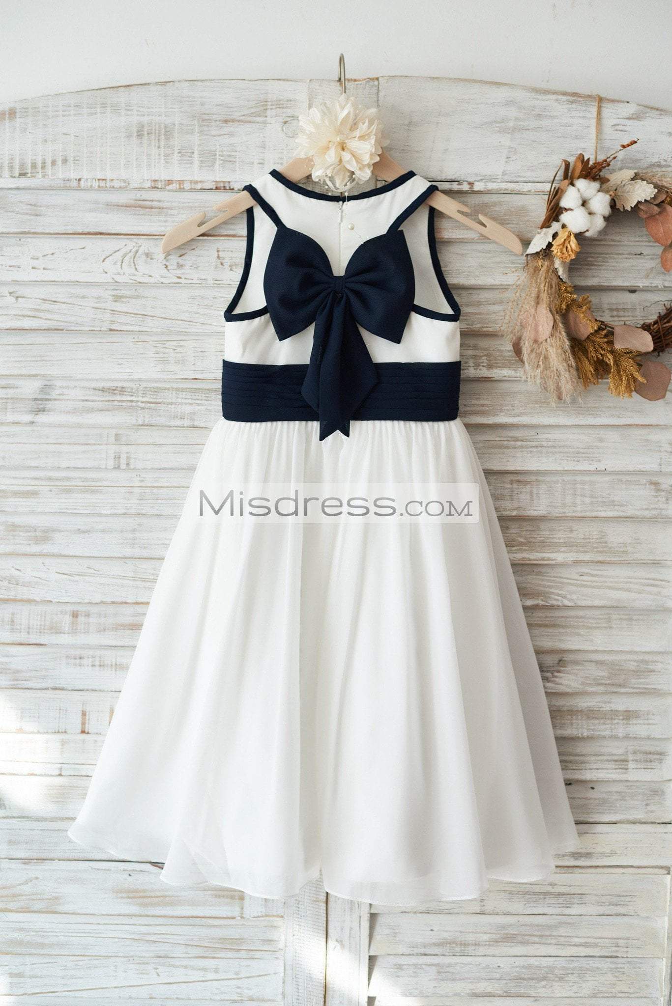 Ivory Chiffon Wedding Flower Girl Dress Junior Bridesmaid Dress With Navy Blue Bow - Flower Girl Dresses