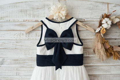 Ivory Chiffon Wedding Flower Girl Dress Junior Bridesmaid Dress With Navy Blue Bow - Flower Girl Dresses