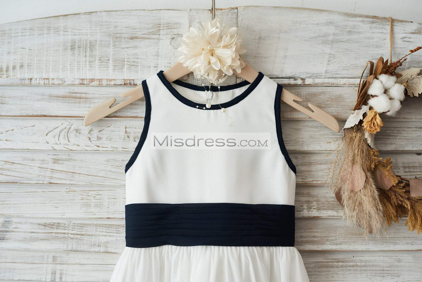 Ivory Chiffon Wedding Flower Girl Dress Junior Bridesmaid Dress With Navy Blue Bow - Flower Girl Dresses