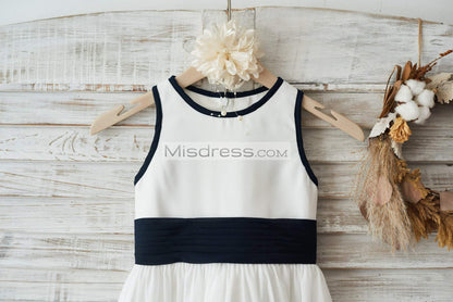 Ivory Chiffon Wedding Flower Girl Dress Junior Bridesmaid Dress With Navy Blue Bow - Flower Girl Dresses