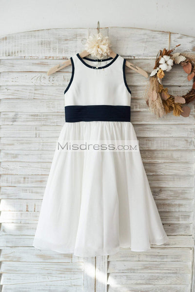 Ivory Chiffon Wedding Flower Girl Dress Junior Bridesmaid Dress With Navy Blue Bow - Flower Girl Dresses