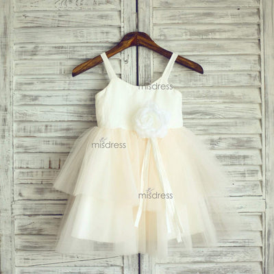 Ivory Cotton Champagne Tulle Cupcake Flower Girl Dress with matching flower - Flower Girl Dresses