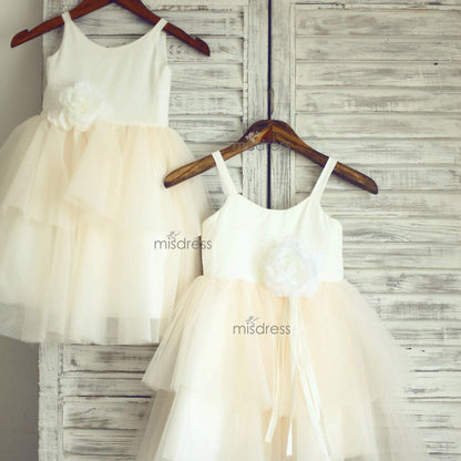 Ivory Cotton Champagne Tulle Cupcake Flower Girl Dress with matching flower - Flower Girl Dresses