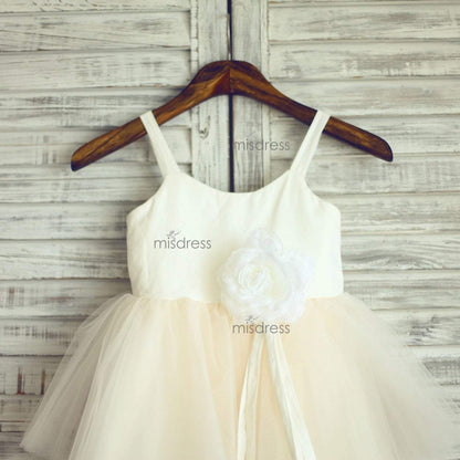 Ivory Cotton Champagne Tulle Cupcake Flower Girl Dress with matching flower - Flower Girl Dresses