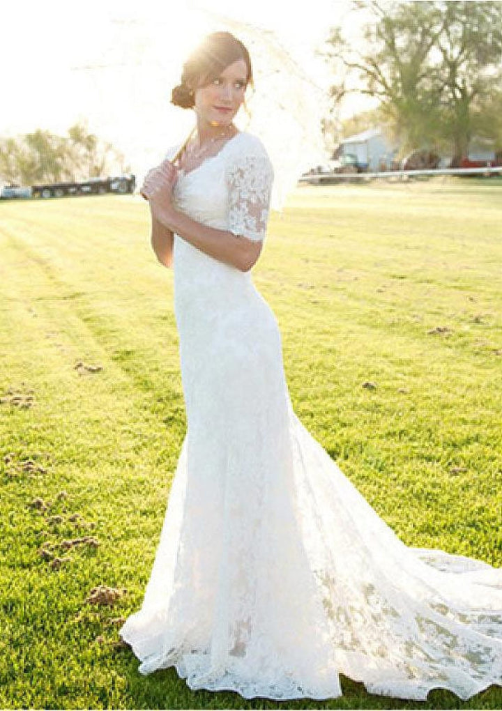 Ivory Court Train Half Sleeve Lace Sheath Bridal Wedding 