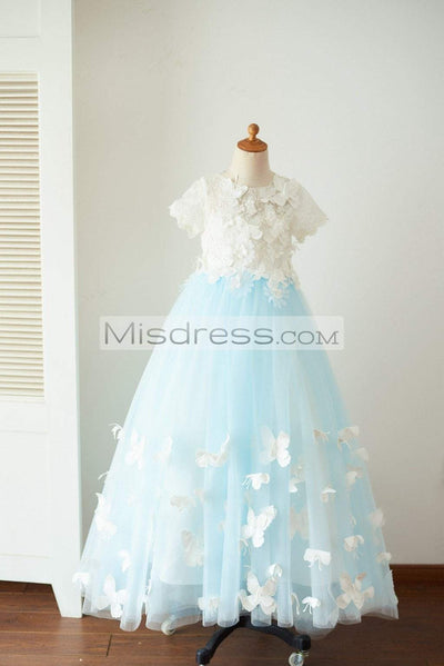 Ivory Lace Blue Tulle Short Sleeves Wedding Flower Girl Dress Full Length Party Dress with Butterfly - Flower Girl Dresses