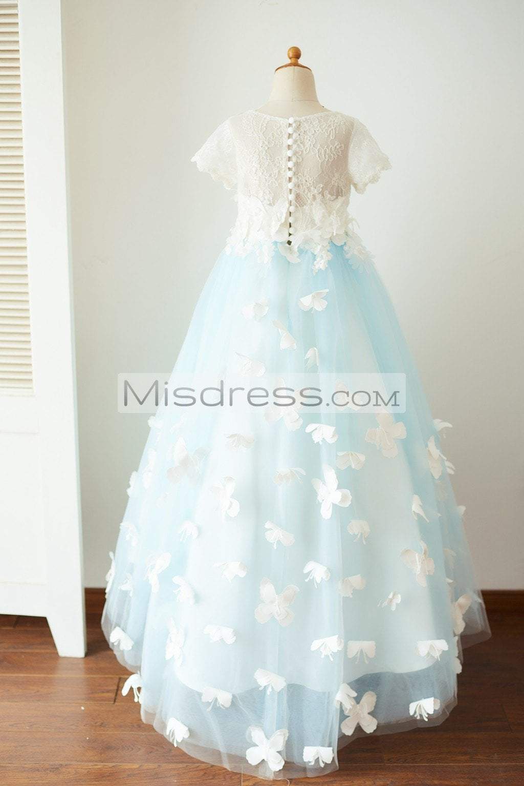 Ivory Lace Blue Tulle Short Sleeves Wedding Flower Girl Dress Full Length Party Dress with Butterfly - Flower Girl Dresses