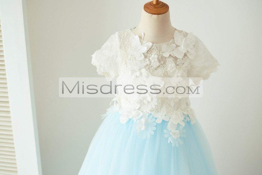 Ivory Lace Blue Tulle Short Sleeves Wedding Flower Girl Dress Full Length Party Dress with Butterfly - Flower Girl Dresses