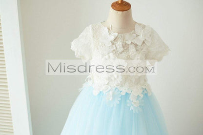 Ivory Lace Blue Tulle Short Sleeves Wedding Flower Girl Dress Full Length Party Dress with Butterfly - Flower Girl Dresses