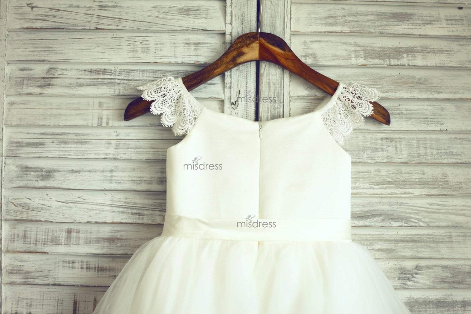 Ivory Lace Cap Sleeves Tulle Flower Girl Dress With Ivory Sash - Flower Girl Dresses